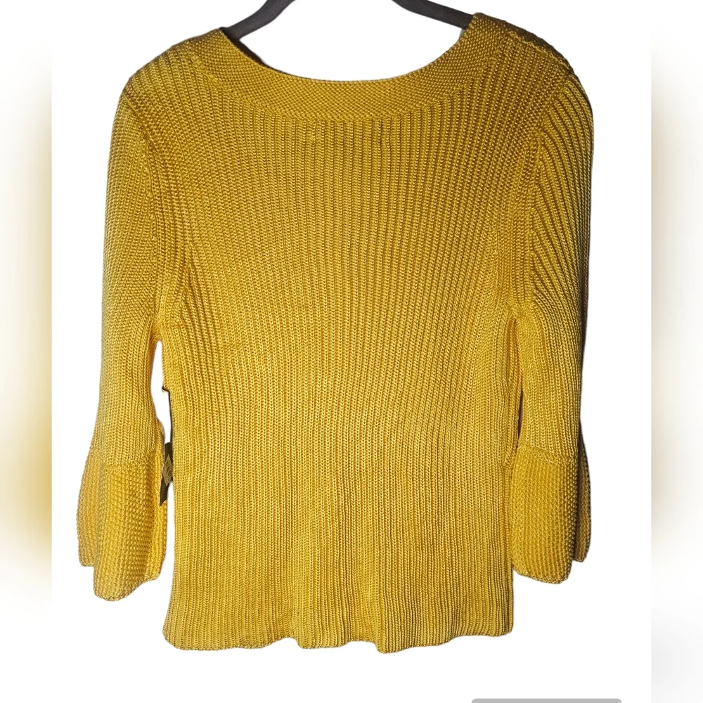 Jones New York gold knitted sweater/cardigan button down 3/4 sleeves size PM
